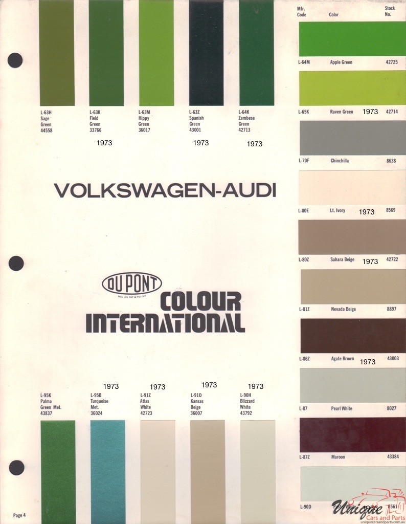 1973 Volkswagen International Paint Charts DuPont 4